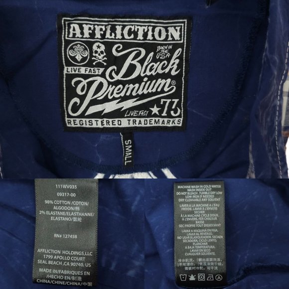 Affliction Snap Front Shirt Womens S Roll Tab 3/4 Sleeve Blue Cross Rhinestones - Picture 9 of 16